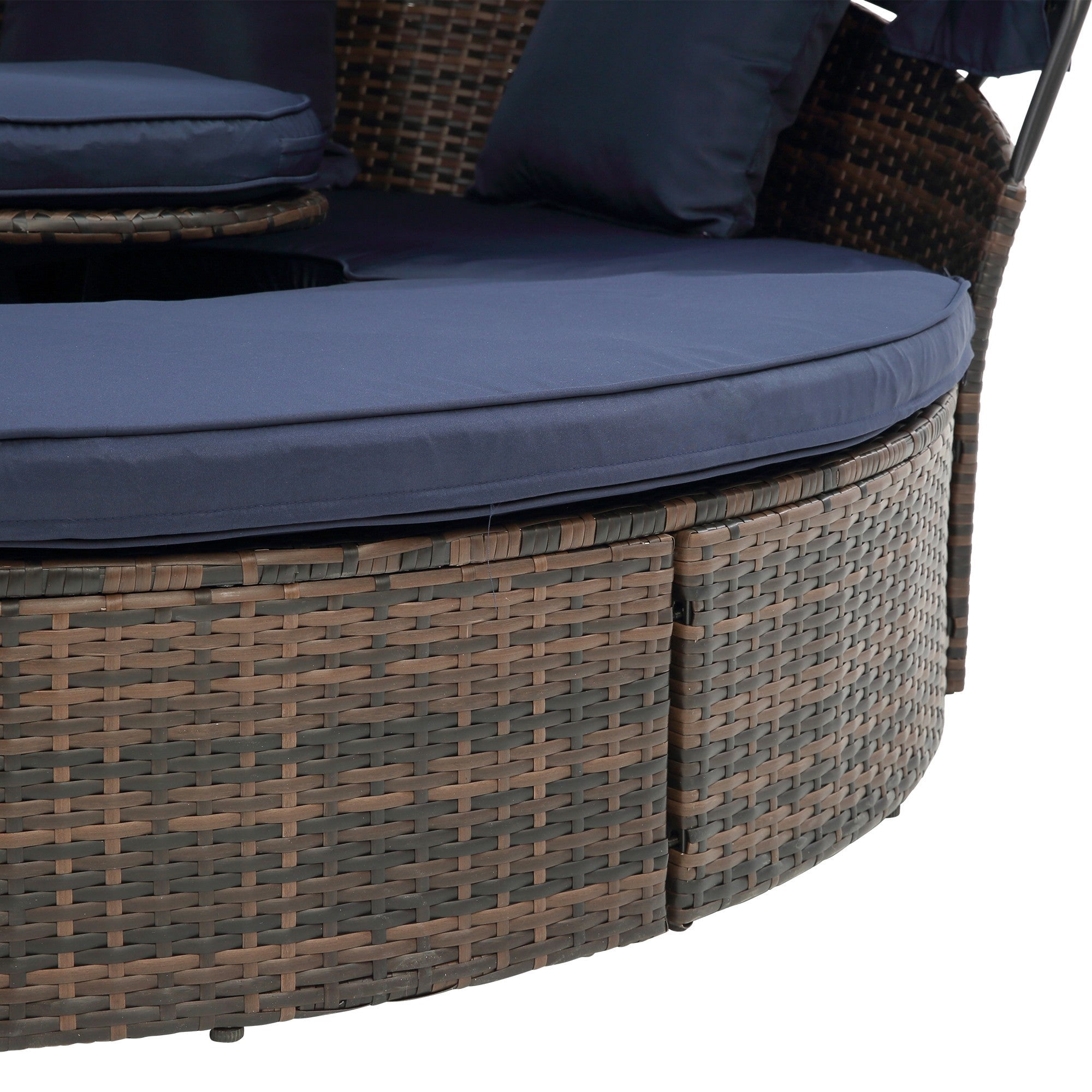 Sailvan Outdoor Sofa Bed Wicker Round Daybed with Retractable Canopy and Lift Coffee Table for Patio Poolside Navy Blue
