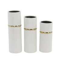 DecMode 12", 14", 16"H White Ceramic Vase with Gold Accents, Set of 3