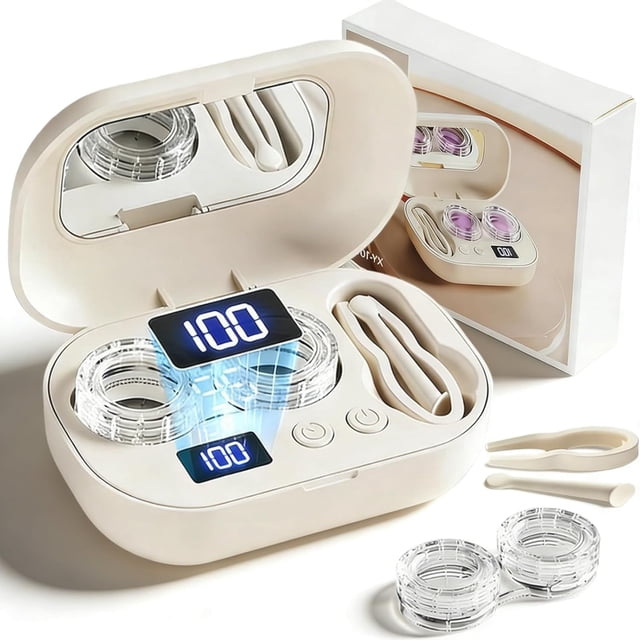 Upgrade Portable Rechargeable Ultra Sonic Contact Lens Cleaner Case-Deep Cleaning, Contact Lens Cleaner Machine, Built in Mirror and Tweezers for Home/Outdoor Tour/Offices (1Pc, f)