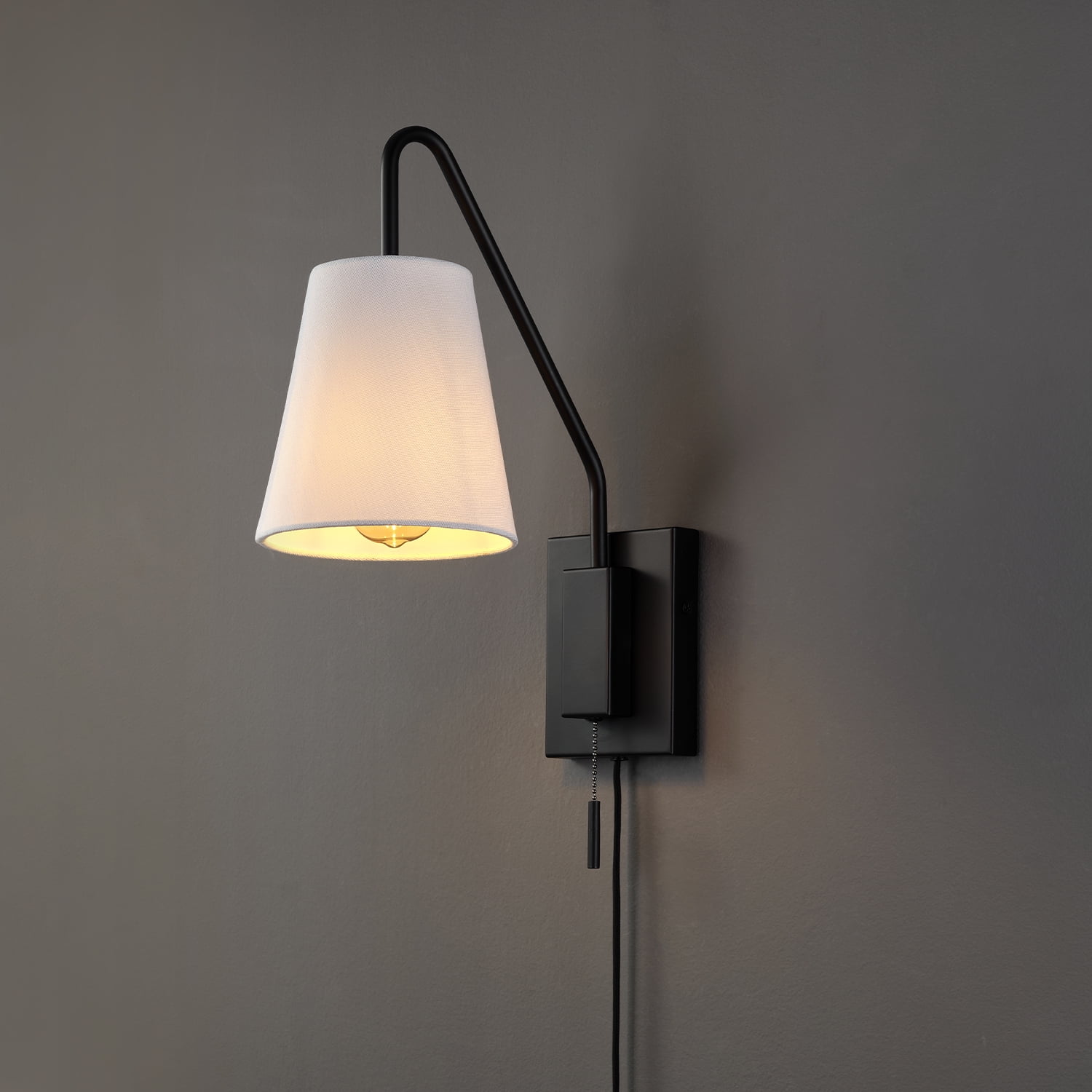 Globe Electric 1-Light Matte Black Plug-in or Hardwire Indoor Wall Sconce, White Fabric Shade