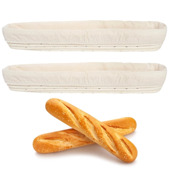2 PCS Rattan Proofing Basket Set, Oval Sourdough Bread Banneton with Removable Fabric Liners, Long Dough Fermentation Basket, Suitable for French Baguette Baking, 17 x 3.7 x 2.2 in