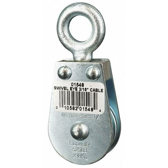 Pulley Block, Wire Rope, 3/16 in Max Cable Size, 525 lb Max Load, Zinc Plated