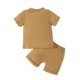 thumbnail image 5 of REORIAFEE Baby Girl Going Home Outfit Newborn Short Sleeve Tee and Short Set Button on Shoulders Suits with Pocket and Drawstring Solid Color Letter Print Cotton Set Summer Clothing Size 12-18M Brown, 5 of 9