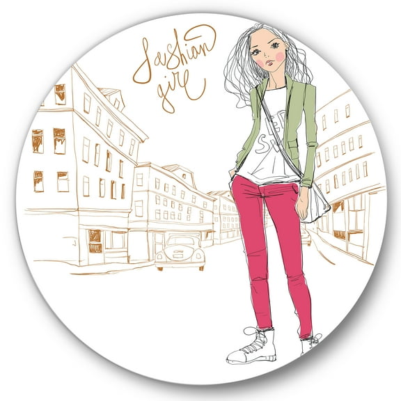 Designart 'Trendy Fashion Woman II' Children's Art Circle Metal Wall Art 36x36 - Disc of 36
