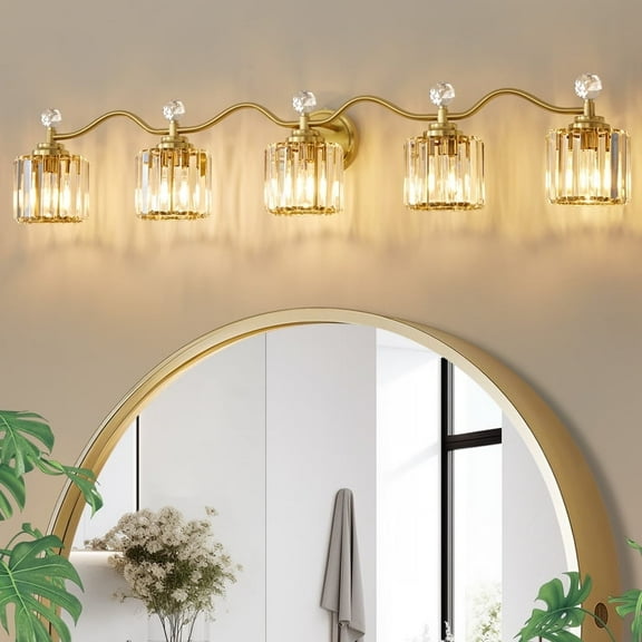 Deyidn 44.5" Modern 5-Light Gold Bathroom Vanity Light - Dimmable Bathroom Transitional Fixture with Crystal Glass Shades