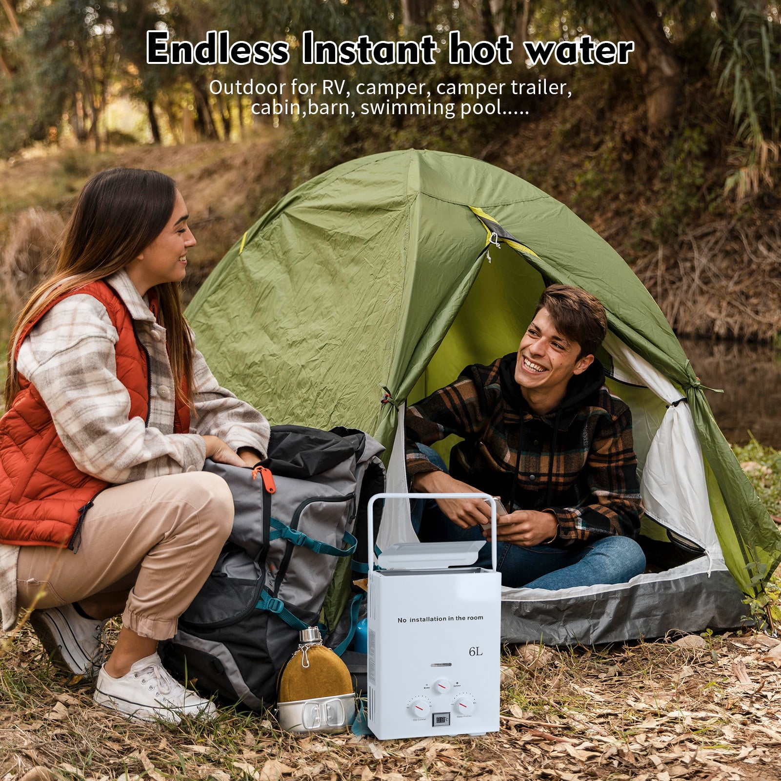Thehsnt Portable Water Heaters, 6L Tankless Water Heaters, Liquefying Gas Outdoor Digital Display Water Heaters for Camping, RV, Boat, Cabins