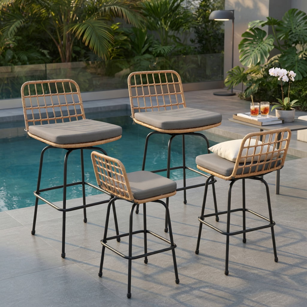 Hommoo 2-Pack Modern Swivel Bar Stools with Cushions & Light Brown PE Rattan, Heavy-Duty Outdoor Patio Barstools for Backyard, Balcony, Poolside, Gray