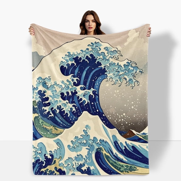 Ocean Waves Blue Decorative Flannel Blanket Soft Warm Comfortable For Sofa Bed Travel Camping Living Room Office Chair Polyester Fiber Gift For Family Or Friends