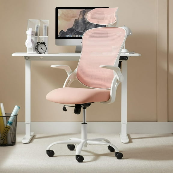 Ergonomic Home Mesh Office Chair-Computer Desk Swivel Reclining Chair with Wheels, Lumbar Support, Work Gaming Chair for Adults-Adjustable Headrest, Storage Basket for Home Office, Gaming, Pink