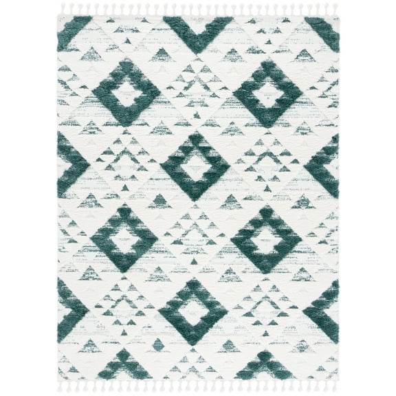 SAFAVIEH Moroccan Tassel Larry Geometric Shag Area Rug, Green/Ivory, 9' x 12'