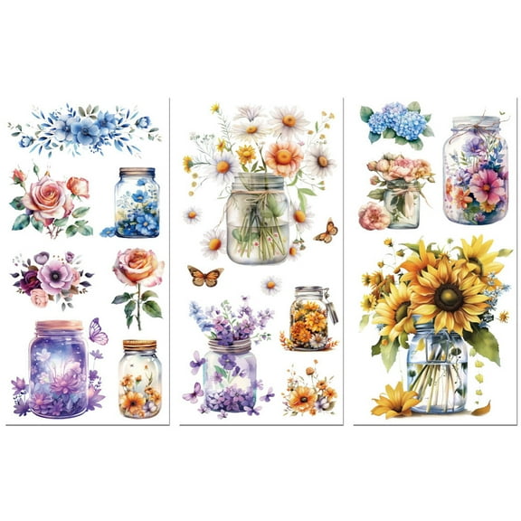 3 Sheets 3 Styles PVC Waterproof Decorative Stickers Self Adhesive Decals for Furniture Decoration Flower
