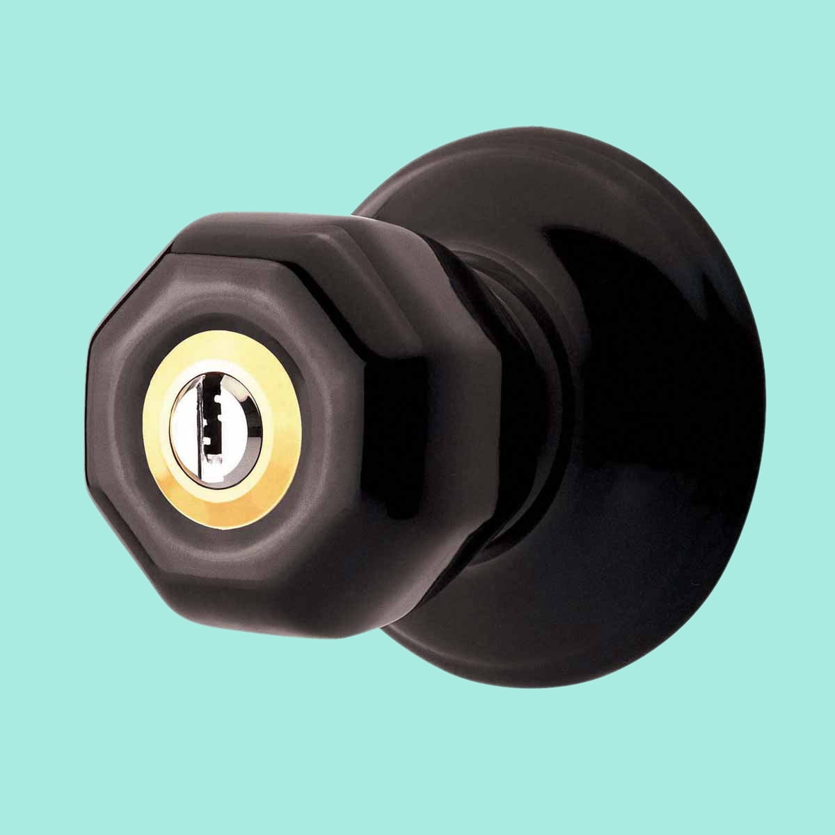 Renovators Supply Porcelain Door Lock 2 in Adjustable Backset Black Hexagonal Door Knob with Lock