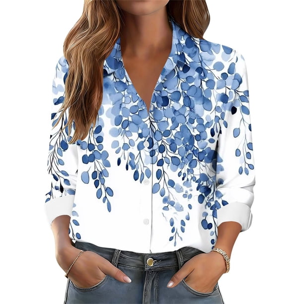 TaTaai Women Long Sleeve Collared Printed Shirt Casual Button Down Blouse Ladies Weekend Outdoor Vacation Wear Soft Comfortable Non See Through Versatile Stylish Top Gift