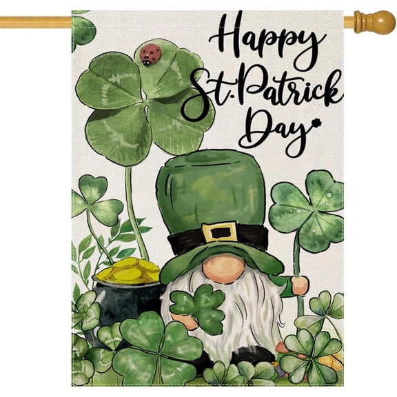 Happy St Patricks Day House Flags for Outdoor Decoration, Irish Gnome with Shamrocks Large Yard Flag,Seasonal Decorative Decor for Holiday Irish Anniversary Celebration Outside 28x40 Inch Double Sided
