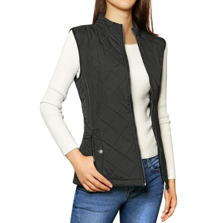 - Women's Zip Up Front Stand Collar Lightweight Quilted Padded Vest Coat Black L (US 14)