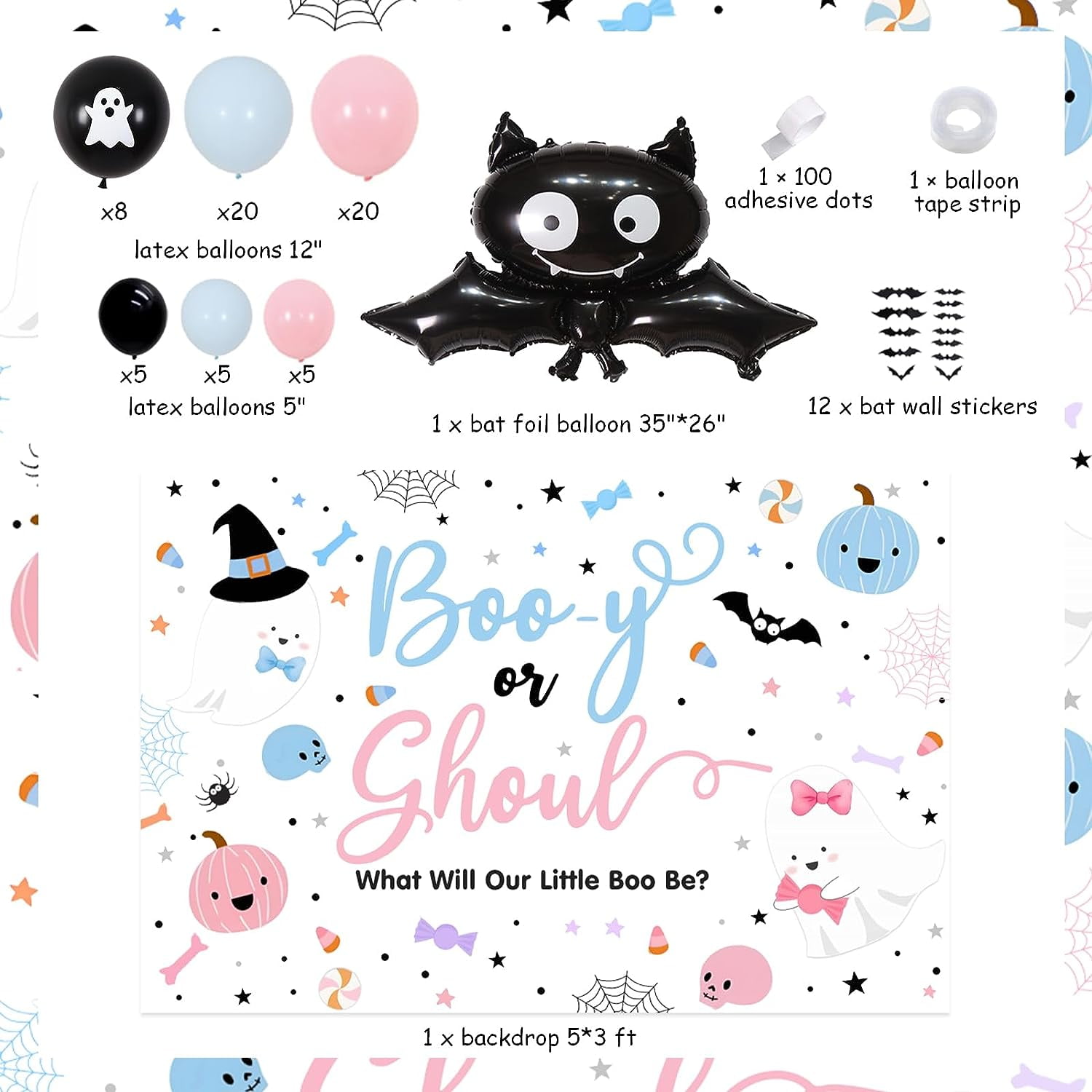 Halloween Gender Reveal Decorations, Boo-y or Ghoul Gender Reveal Backdrop Balloon Garland Arch Kit Bat Stickers for Halloween Spooky Ghost Pumpkin Baby Shower Little Boo Party Supplies