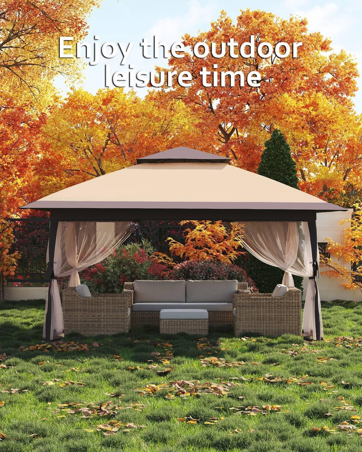 Garvee 12x12 Gazebo with Mosquito Netting, Pop up Canopy Tent Easy Setup with 4 Sand Bags, 3 Height Adjustable for Backyard Garden Patio, Khaki