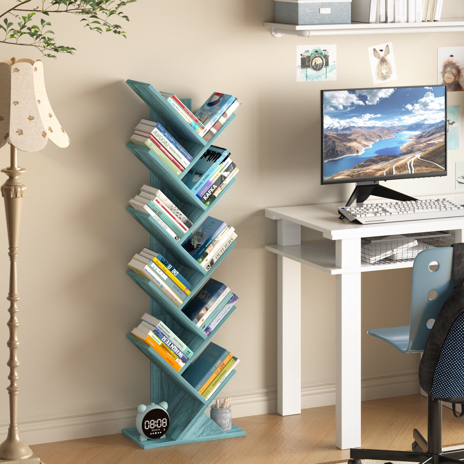 Tree Bookshelf 10-Tier Floor Standing Tree Bookcase, Wood Bookcase, Desk Display Bookshelves for Office, Study, Blue