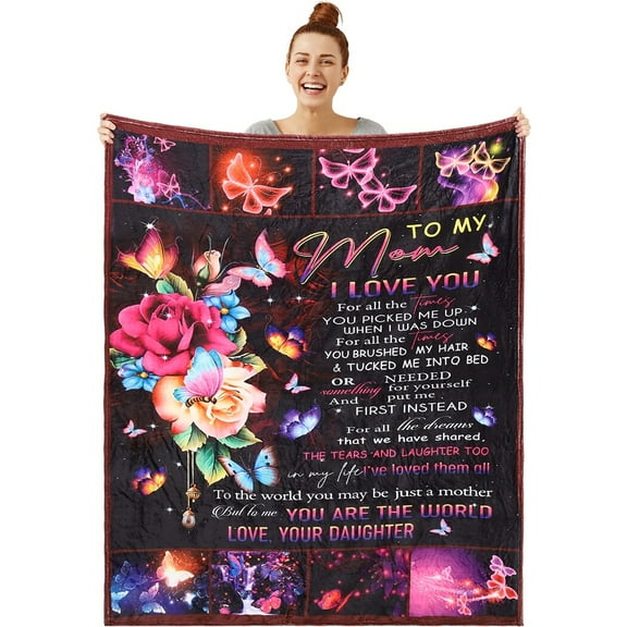 Gift for Mom from Daughter, 50×60in Flower Butterfly Letter Blanket for Mom, Soft Flannel Fleece Throw Blanket, Cozy Mom Blanket, Mother's Day Present, Thanksgiving Gift for Mom