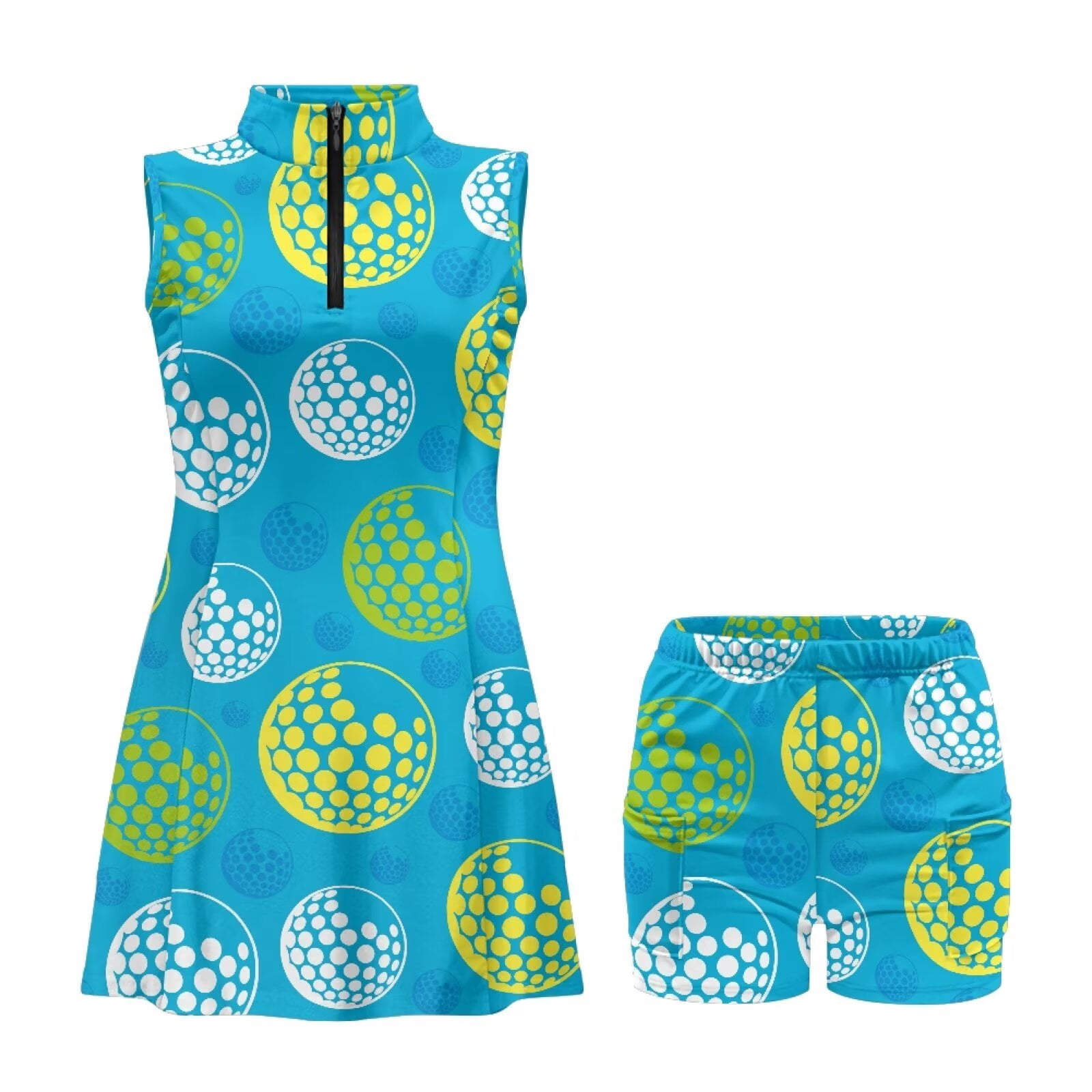 Yuyamidu Golf Ball Print Womens Golf Dress Sleeveless Workout Dress Size L Trendy Athletic Dresses with Built in Shorts and Pockets Moisture Wicking 2 Piece Sports Wear
