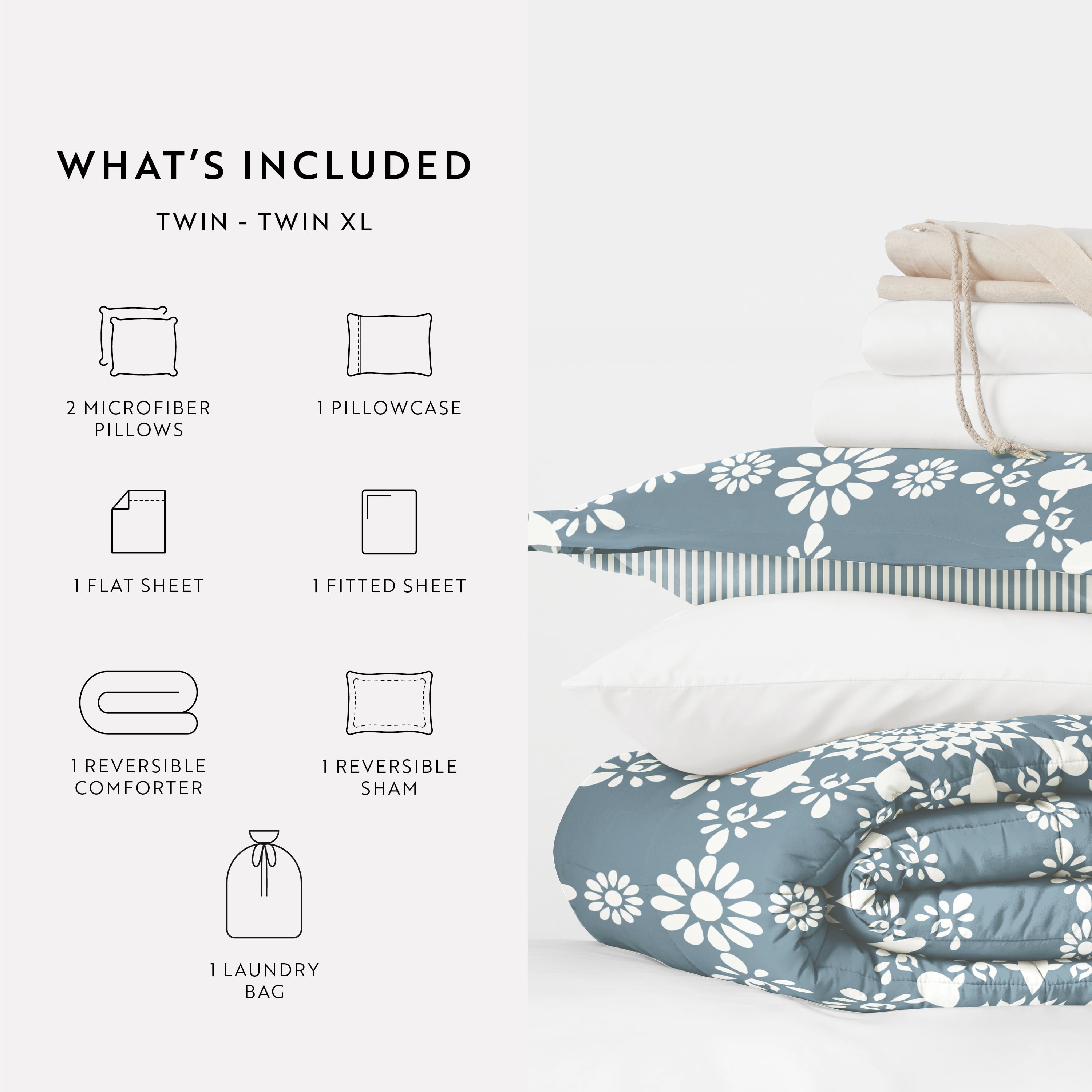 Noble Linens 8 Piece Dorm Bedding Bundle, Comforter & Sheet Set, Pillows, Laundry Bag