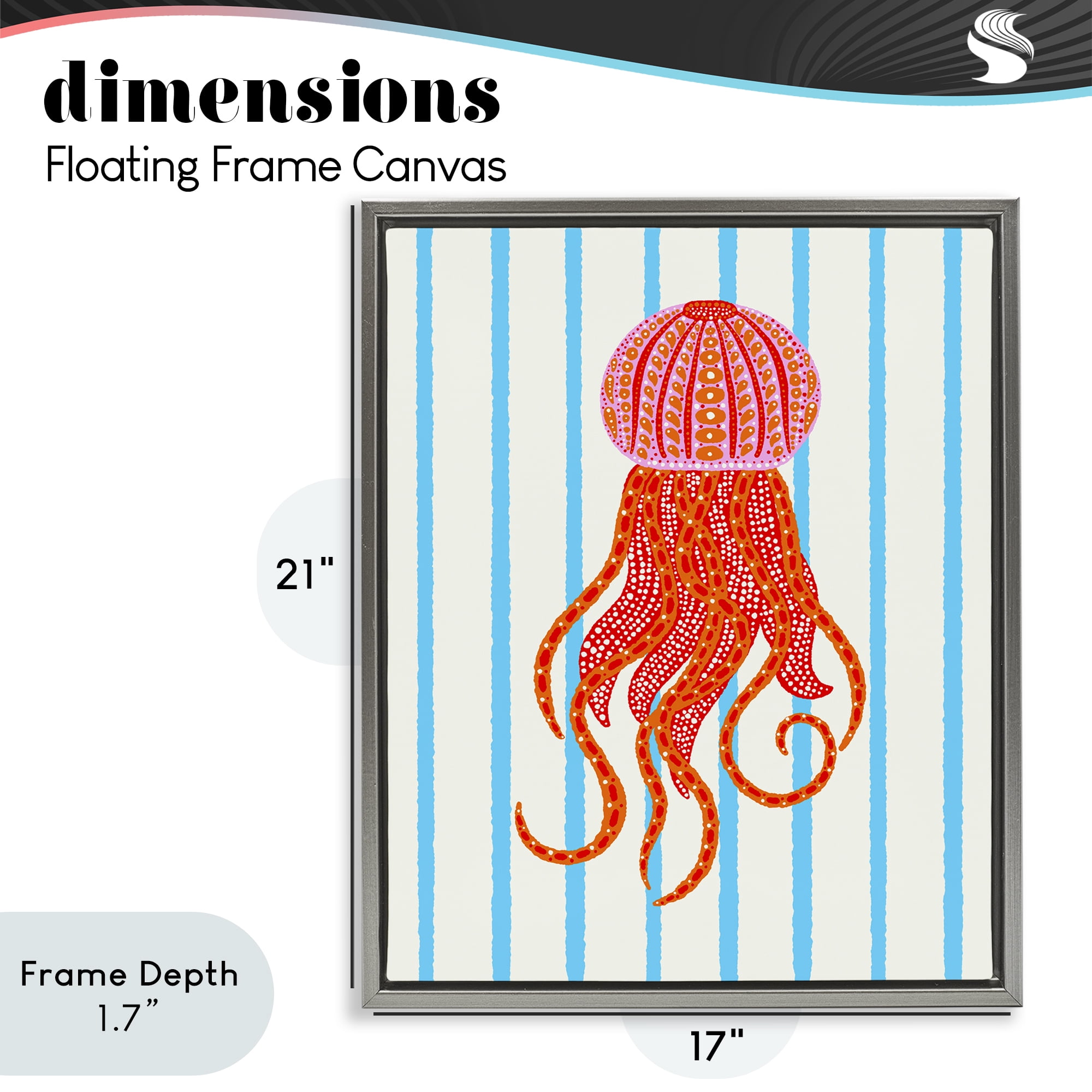 Stupell Industries Bright Aquatic Jellyfish on Stripes Gray Framed Floater Canvas Wall Art, design by Indira Prieto | IndySign