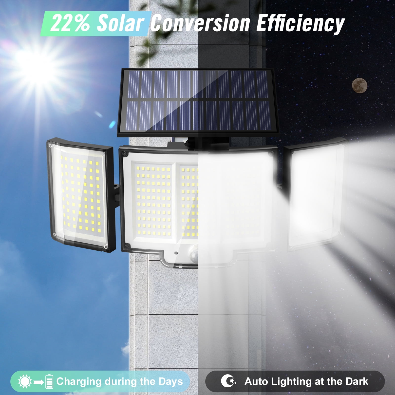 Solar Outdoor Lights, 3 Heads Motion Sensor Lights, 348 LED Security Lights with Remote Control, 270° Wide Angle Flood Wall Lights with 3 Modes