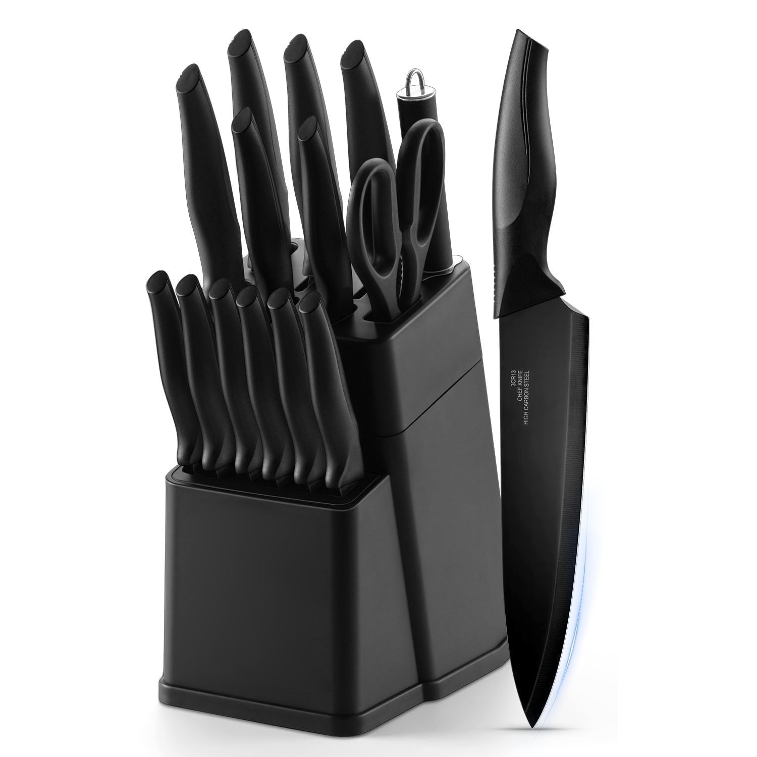 Vesteel Knife Set for Kitchen with Block, 15 Pcs High Carbon Stainless Steel Kitchen Knife Set with Self Sharpening - Black