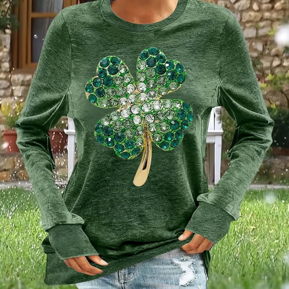 Uootdi Cute Shamrock Graphic Crewneck Long Sleeve Shirts for Women St. Patrick's Day Sweatshirt for Women Lucky Leaf Irish Shamrock Pullover Shirts Tops Gift