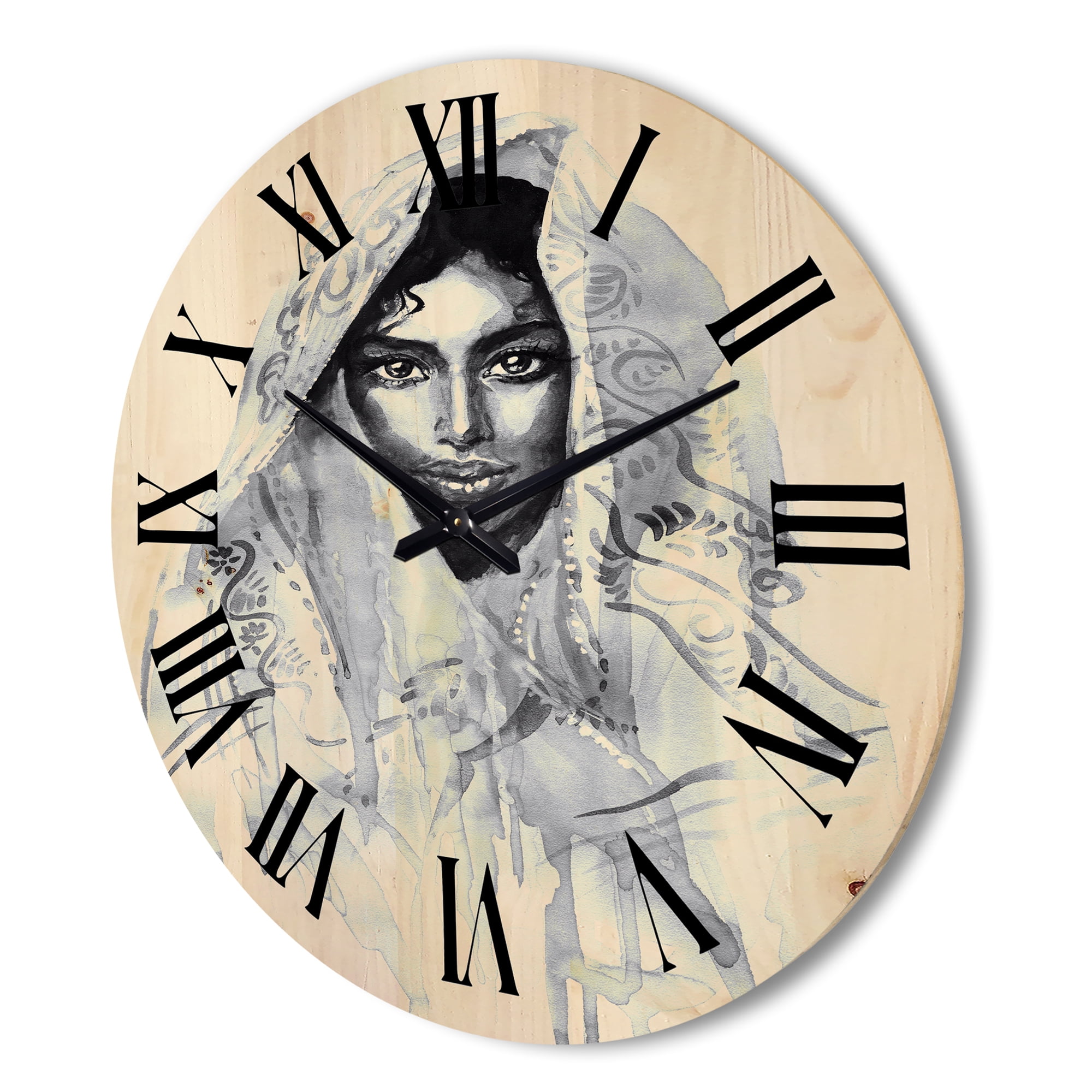 Designart 'Black and White Portrait of Young Indian Woman I' Modern Wood Wall Clock