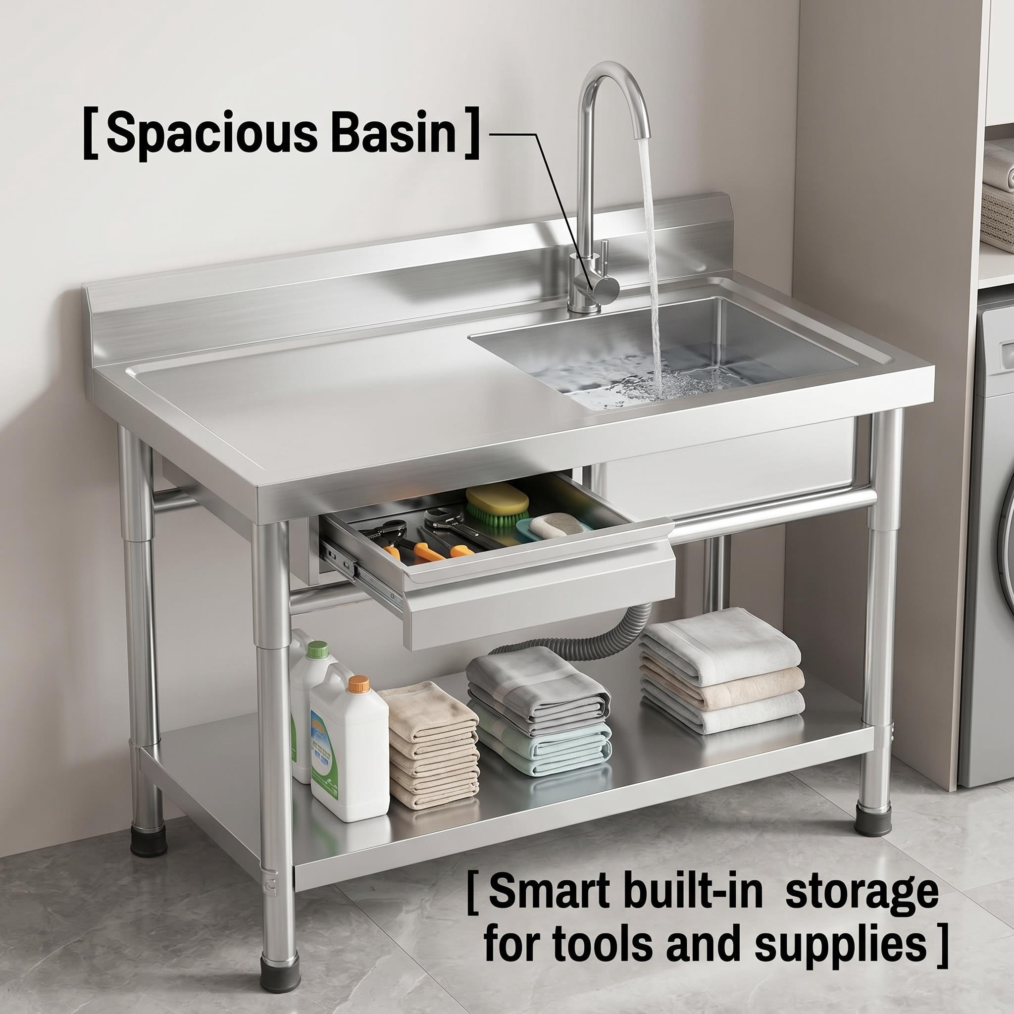 304 Stainless Steel Utility Sink, Commercial Restaurant Kitchen Sink for Restaurants Laundry Rooms and Home Use, Free Standing Stainless Steel Single Bowl with Drawer and Adjustable Lower Shelf