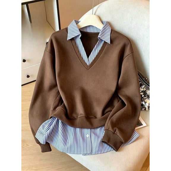 Women's Long Sleeve V-Neck Collared Pullover Top Loose Fit Casual Fall Winter
