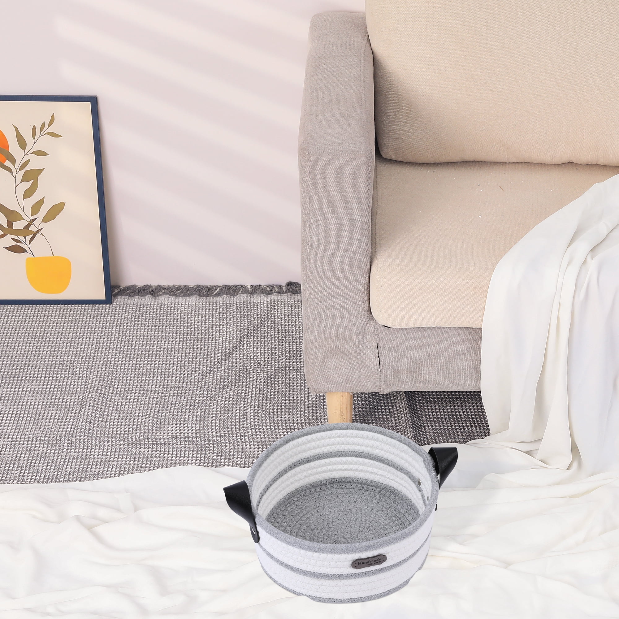 Unique Bargains Woven Storage Basket with Leather Handles Light Gray 7.9*3.9in