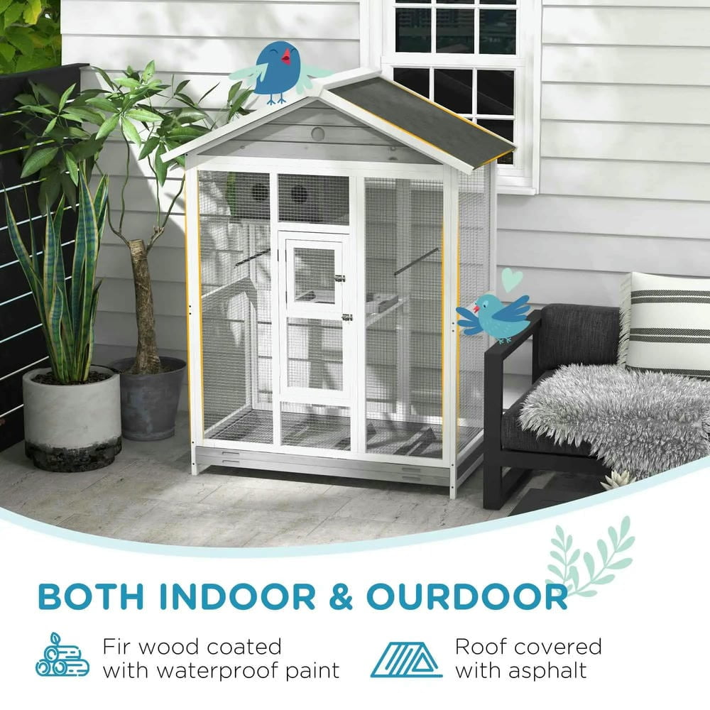 Barara King Bird Cage, Bird Habitat Small Animal Travel Cage,64.5" Wooden Bird Cage Aviary, Flight Cage with 4 Perches, Nest and Slide-Out Tray, Gray