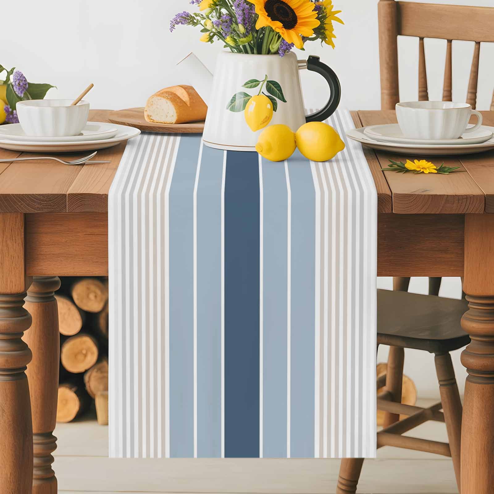 Blue Stripes Abstract Geometric Table Runner 90 Inches Long, Minimalist Style Table Runners Tabletop Scarf Kitchen Dining Tables Decoration for Home Party Indoor Outdoor