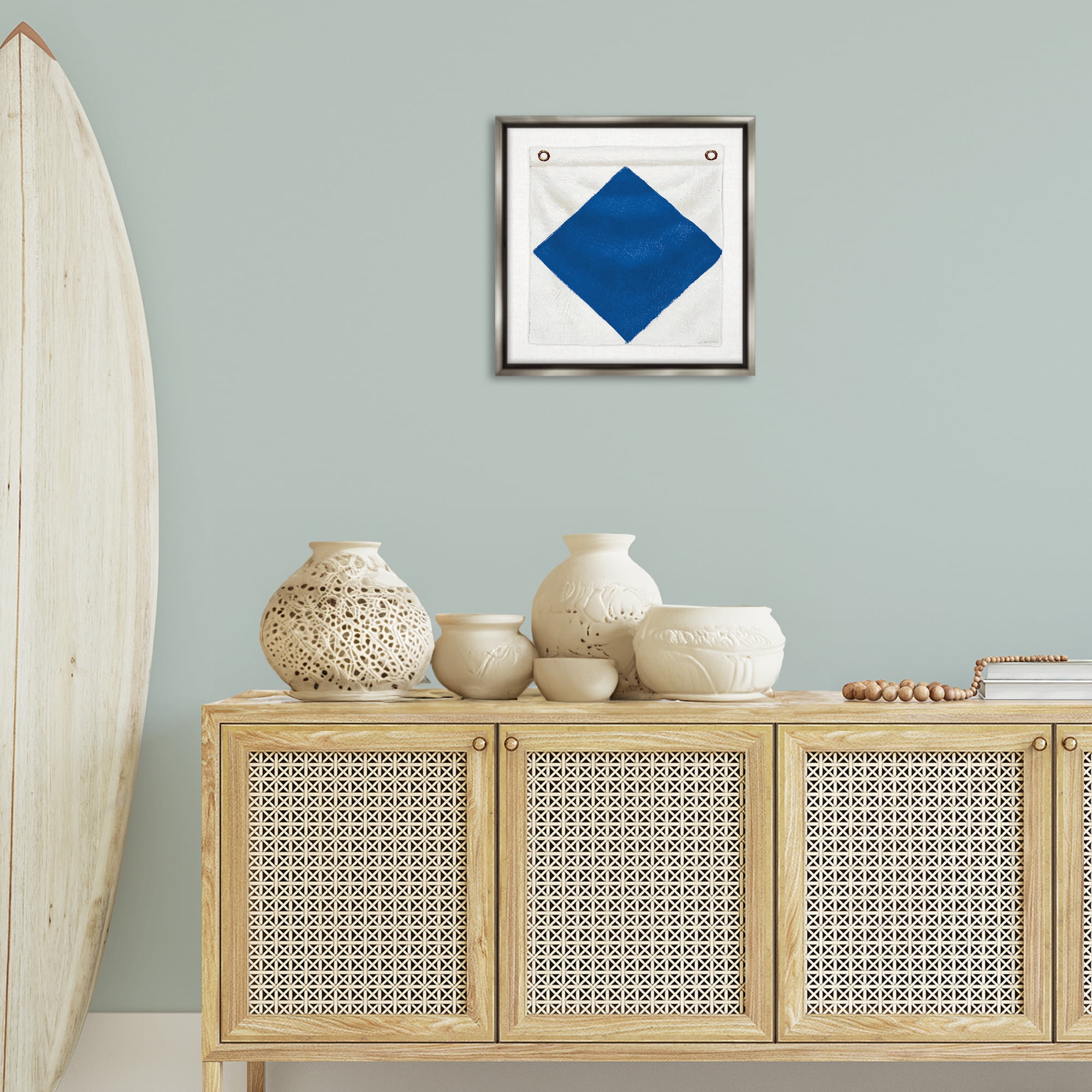 Stupell Industries Blue & White Nautical Flag Nautical & Beach Painting Gray Floater Framed Canvas Art Print Wall Art, 18 x 18