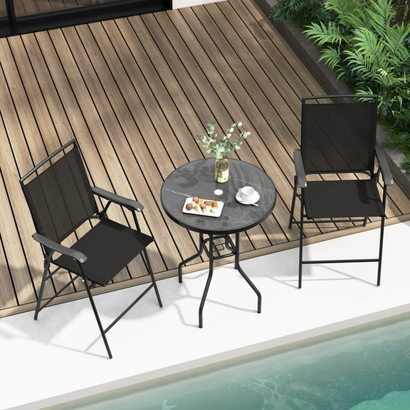 Costway 3 PCS Outdoor Bar Stool Set with DPC Tabletop Umbrella Hole & Footrest 2 Chairs