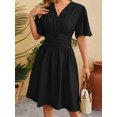 thumbnail image 4 of Honganda Robe Midi Femme Couleur Unie Manches Courtes Col en V Robe Été Mode Décontractée Robe Trapèze, 4 of 9