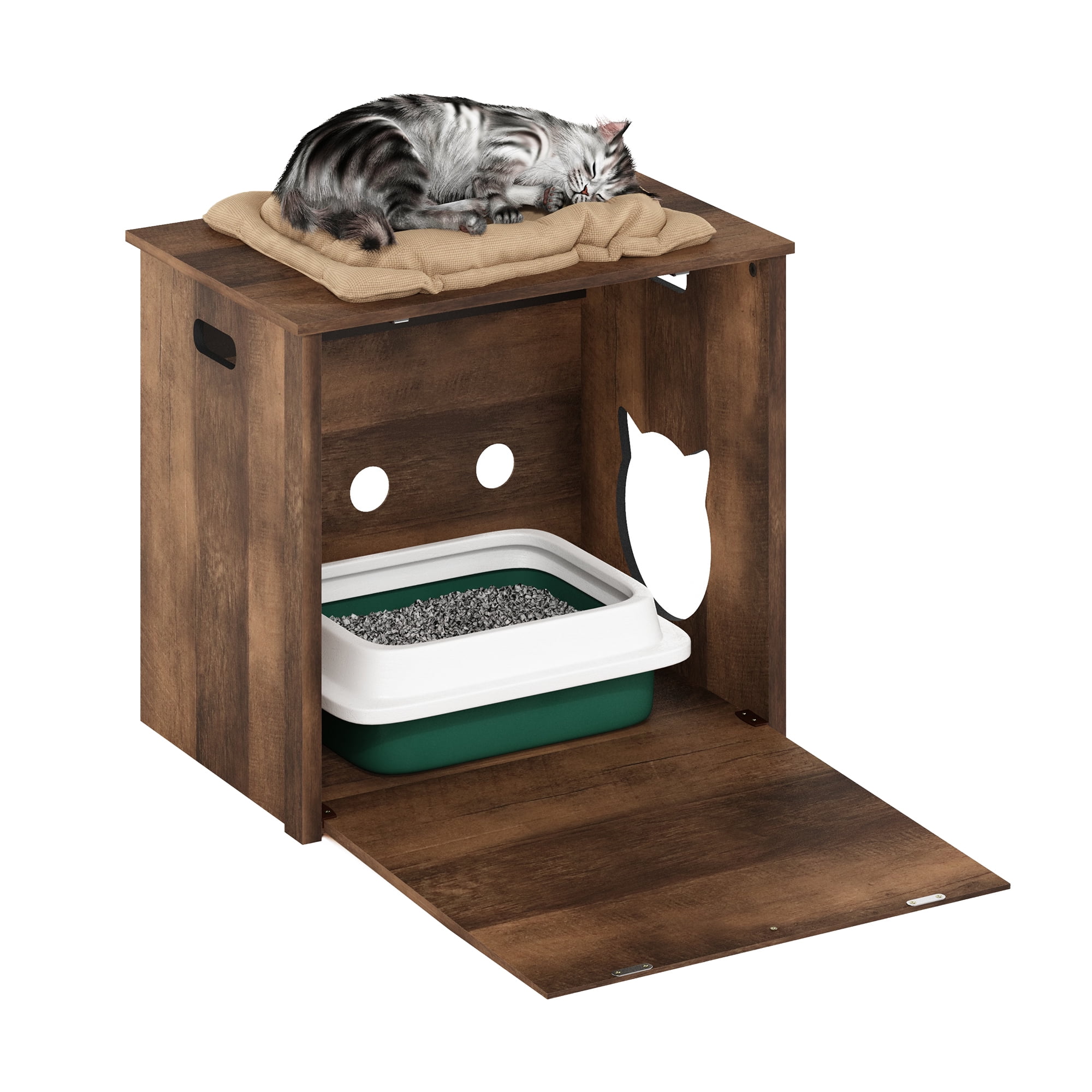 Furinno Small Cat Litter Box Enclosure Single Door Wooden Furniture Storage Cabinet Rustic Brown Walmart