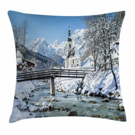 Winter Throw Pillow Cushion Cover, Panoramic View of Scenic Landscape in Bavaria Parish Church of St. Sebastian, Decorative Square Accent Pillow Case, 18 X 18 Inches, Blue Brown White, by