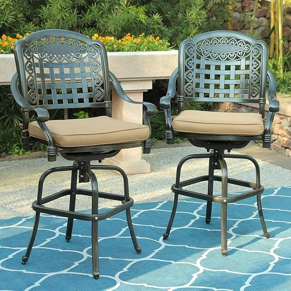 W WARMHOL Outdoor Patio Swivel Bar Stools Set of 2, All-Weather Bar Height Patio Chairs, Outdoor High Bistro Stools with Cushion/High Back/Armrest/Footrest for Outside, Lawn & Garden, Dark Bronze