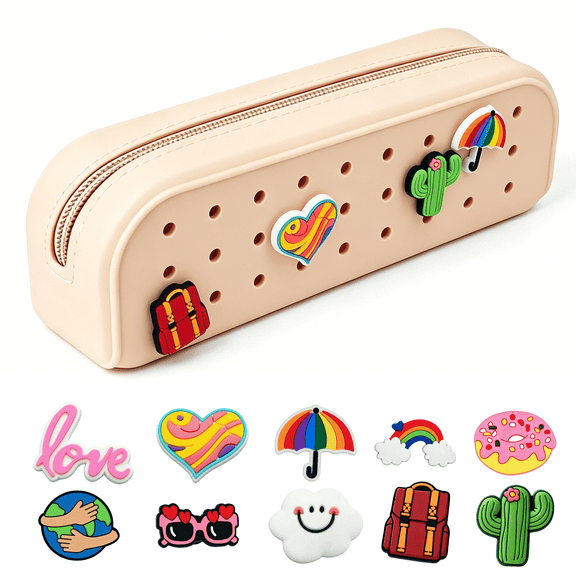 ENNUFO Silicone Pencil Case for Girls with Diy Holes and 10 Decorative Charms, Tan