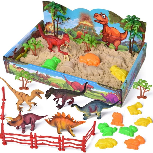 HTOOQ 29 PCs Play Sand Dinosaur Toys, Sand Box with Dinsoaur Figures, Dinosaur Molds, Magic Sand and Accessories - -