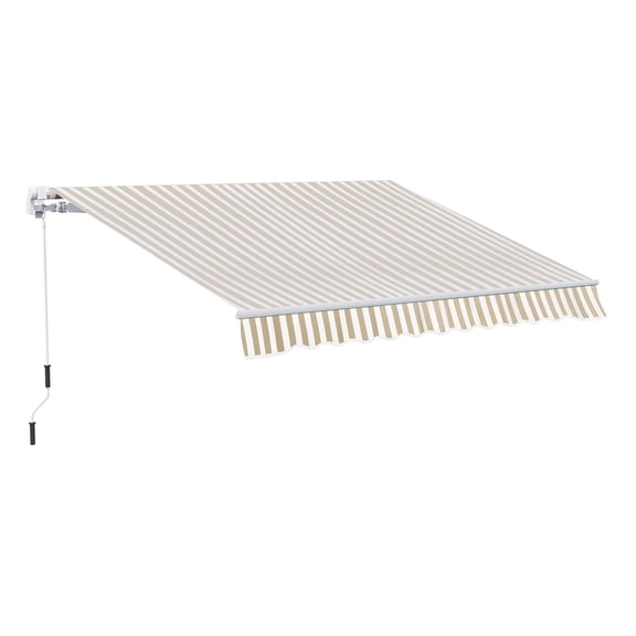 12' x 10' Retractable Awning Patio Awnings Sun Shade Shelter with Manual Crank Handle, 280g/m² UV & Water-Resistant Fabric and Aluminum Frame for Deck, Balcony, Yard, Beige and White