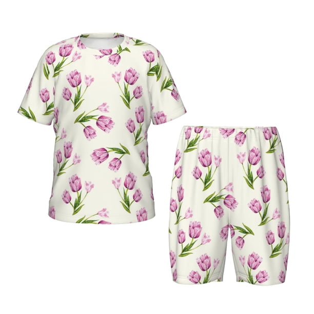 Fotbe Tulips Flowers Pijama Estampada de 2 Piezas para Niños – Ropa de Dormir de Manga Corta Cómoda para Niños y Niñas, Camiseta y Shorts de Algodón-XX-Large