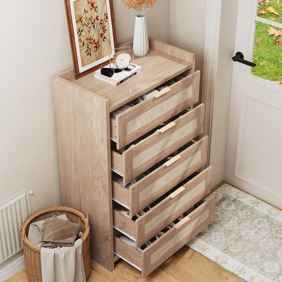 Danolapsi 5 Drawer Rattan Dresser for Bedroom,Wooden Chest of Drawers,46" Tall Dresser with Large Metal Handles, Clothes Storage Cabinet for Living Room, Hallway, Closet