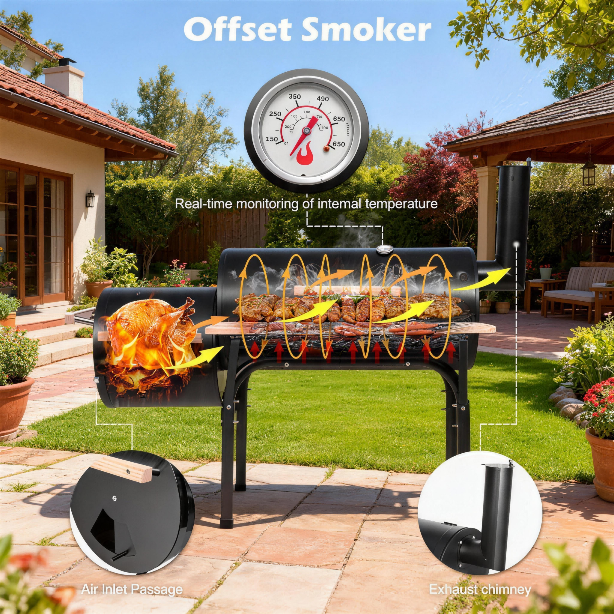 LODZPK Portable Charcoal BBQ Grill, Thermometer & Large Space for Camping Picnic Black