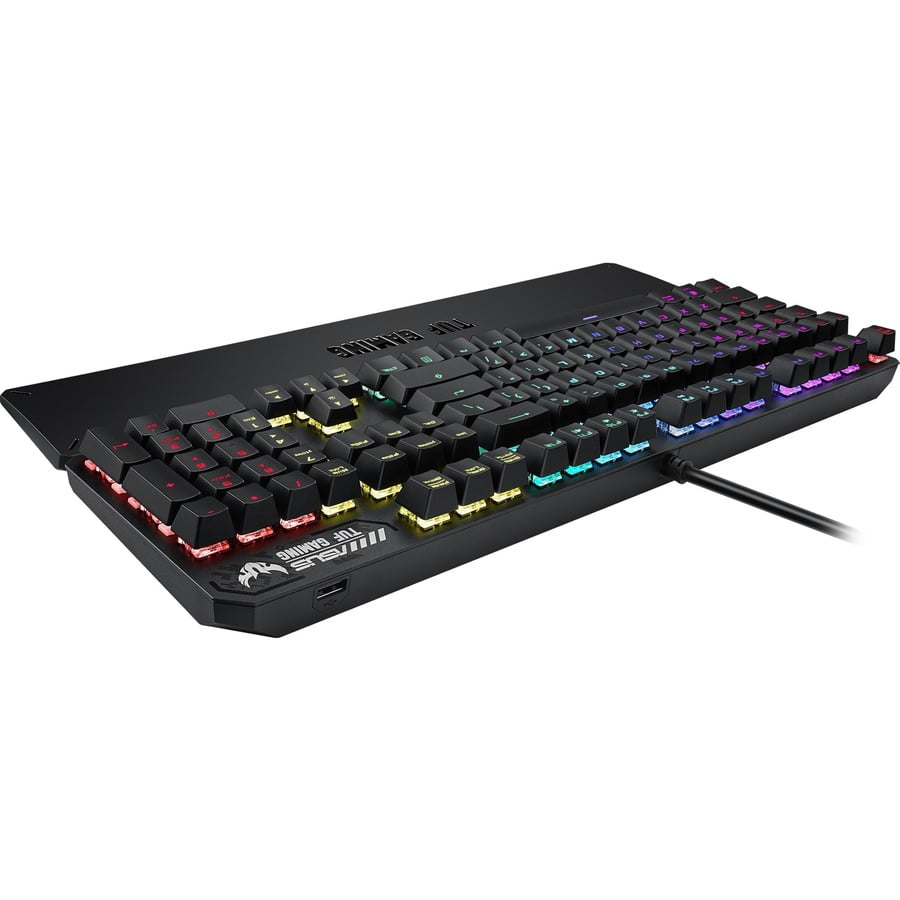ASUS TUF Gaming K3 RGB mechanical keyboard with N-key rollover, combination media keys, USB 2.0 pass through, aluminum-alloy top cover, wrist rest, eight programmable macro keys and Aura Sync lighti