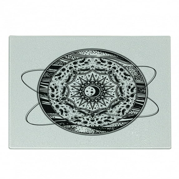 Galaxy Mandala Cutting Board, Orbital Hoops Inspired Design Interpenetrated Sun and Moon Day Night, Decorative Tempered Glass Cutting and Serving Board, Small Size, Black and White, by Ambesonne