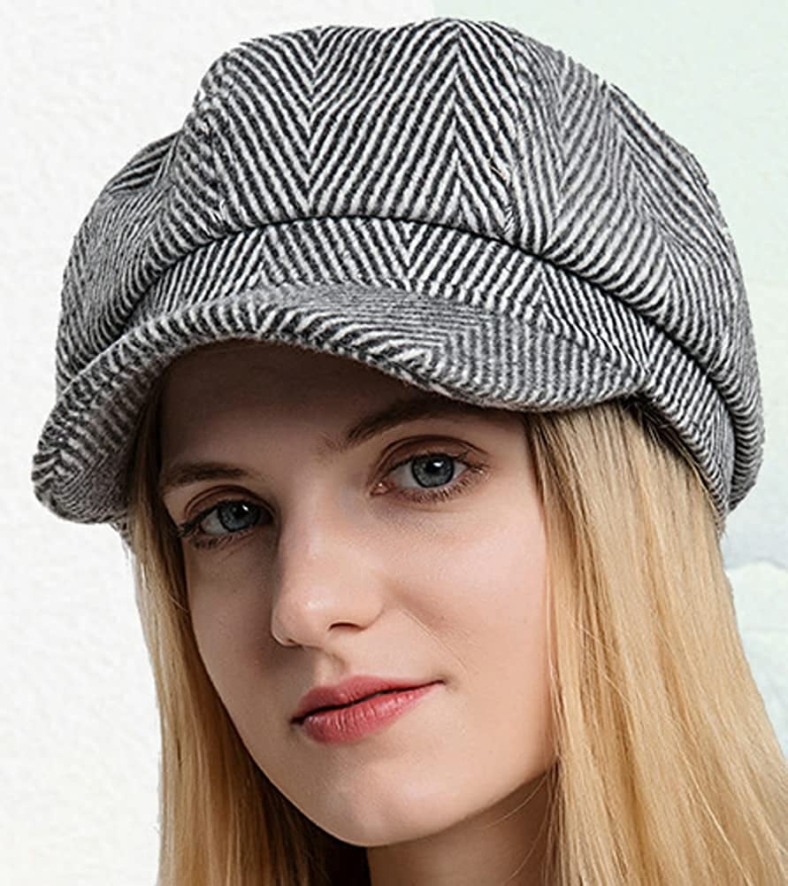 CoCopeaunts Stripe Newsboy Hat for Women Winter Tweed Newsboy Cap Fiddler  Cap Visor Cabbie Painter Hat Bakerboy Hat Beret Cap